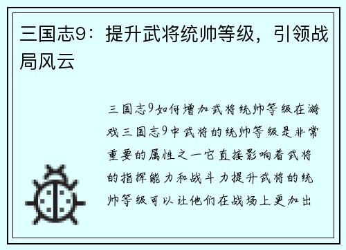 三国志9：提升武将统帅等级，引领战局风云